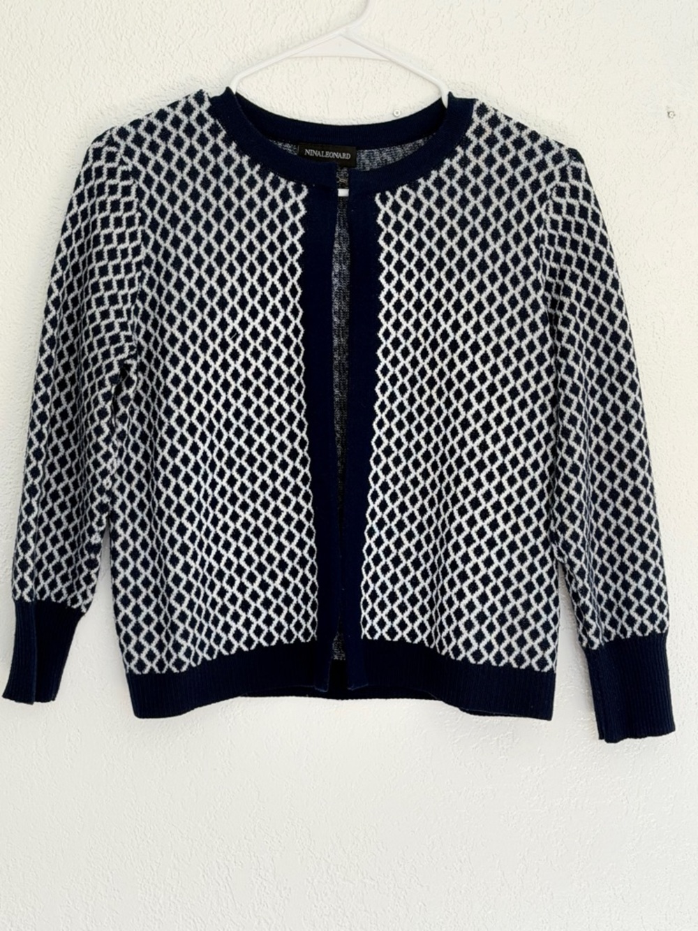 Nina Leonard Navy and White Marled Knit Cardigan